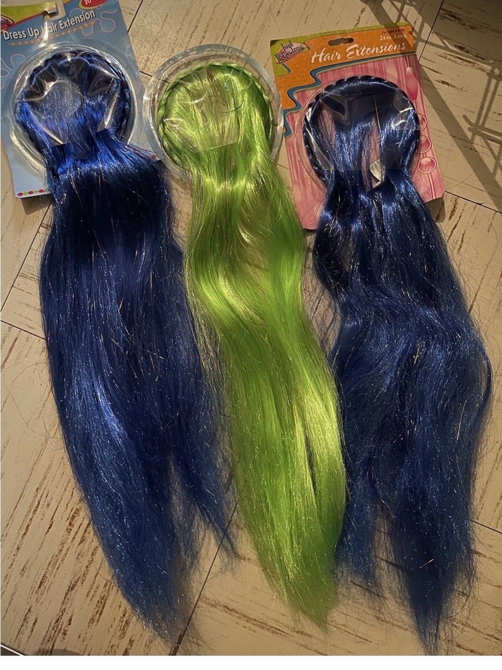 Lot Of 3 HALLOWEEN HAIR EXTENSIONS - BLUE AND GREEN HAIR,  2 NIP 1 OB